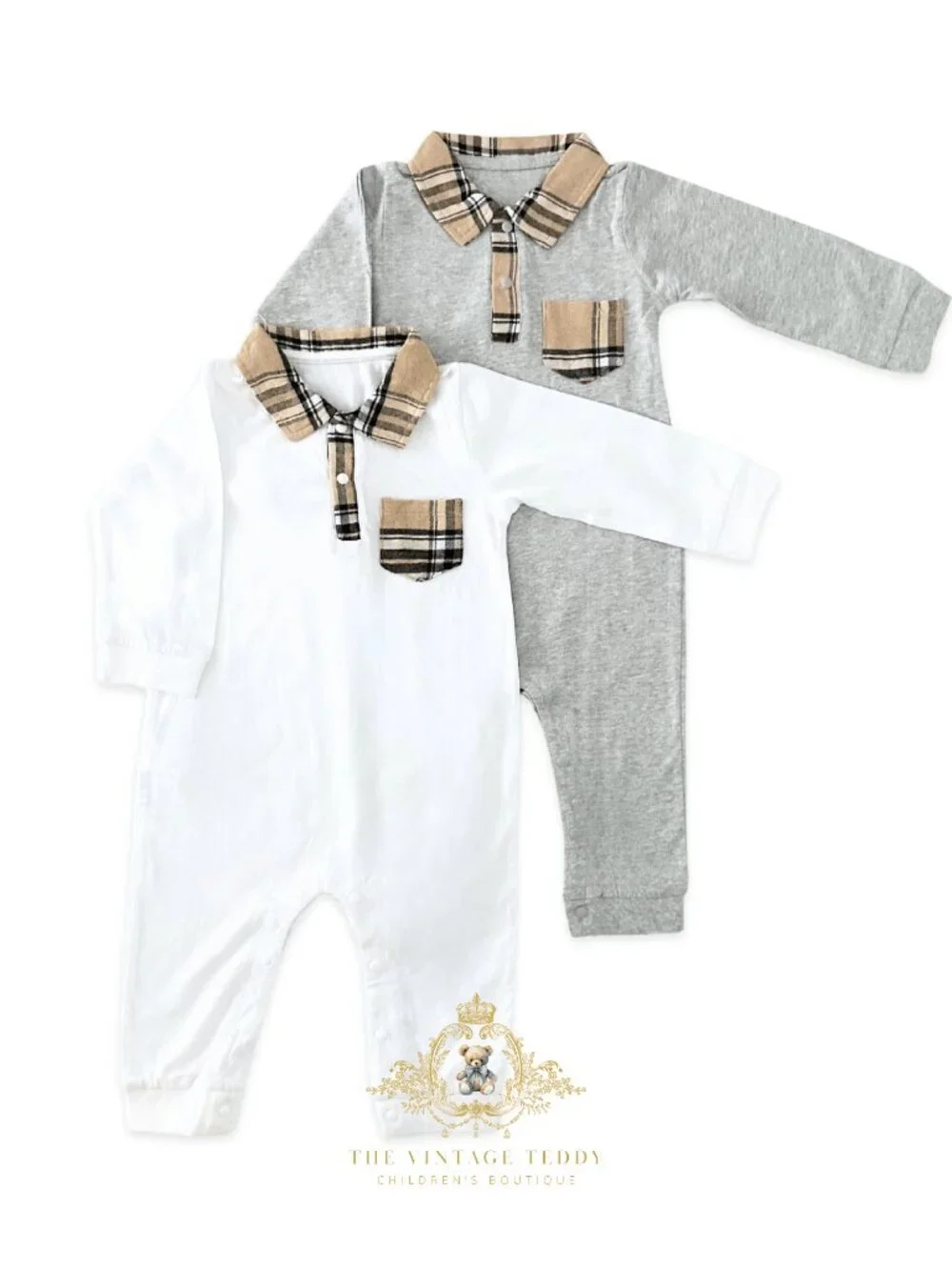 NWT Cute Boys One-piece Bodysuit Oxford Rompers Set of 2 Long Sleeve Plaid 9-12M